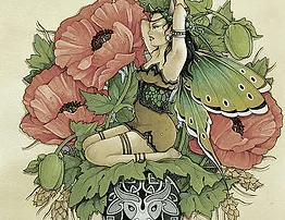 Artistic illustration of a taurus zodiac sign, featuring a female figure surrounded by poppy flowers and lush greenery, with a butterfly wing and a taurus symbol below.