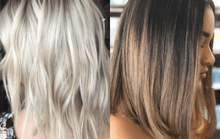 Side-by-side comparison of two hair color styles: the left image shows a woman's back with platinum blonde wavy bob, the right shows another woman's side view with a brunette balayage long bob.