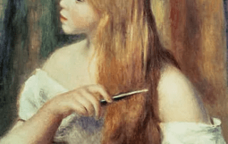 Painting of a woman with long, flowing red hair being combed. she wears an off-shoulder white blouse, gazing to the side, with a thoughtful expression. soft brush strokes evoke a gentle, dreamy ambiance.