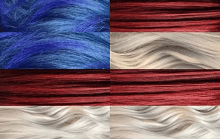 Collage of four hair samples in different colors and textures: top left is blue, top right is red, bottom left is silver, and bottom right is blonde, all wavy and shiny.