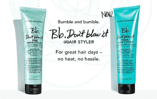 Two bumble and bumble "don't blow it" hair styler creams, one for fine hair and the other for thick hair, displayed against a light background with promotional text emphasizing no heat, no hassle.