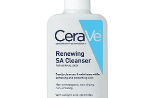 A bottle of cerave renewing sa cleanser with a pump, labeled for normal skin, featuring salicylic acid and ceramides, designed to cleanse and exfoliate.