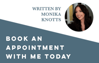 Promotional graphic featuring a smiling woman with the text "written by monika knowlts. book an appointment with me today" on a blue and gray background.