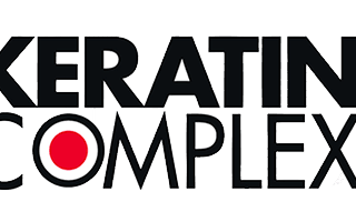 Logo of keratin complex featuring stylized black text and a red circle between the words "keratin" and "complex.