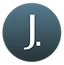 The image shows a blue circular icon with a stylized white letter "j" followed by a period, centered within the circle. the design is simple and the background is a uniform blue.