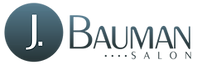 Logo of j. bauman salon featuring a stylized, metallic blue circle with a large white 'j' on the left, and the text "bauman salon" in grey beside it.