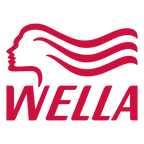 Logo of wella, featuring a stylized profile of a woman's face with flowing hair in red, above the brand name in bold red letters.