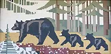 A stylized graphic mural depicting a bear followed by three smaller bears walking through a geometric forest with patterns of trees and a river. the artwork features a muted color palette.