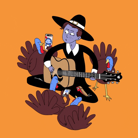 An illustration of a purple-skinned pilgrim playing a guitar surrounded by animated turkeys, one holding a can, on an orange background.