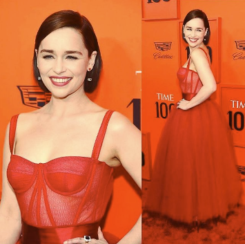 A woman in a vibrant red gown smiles at the camera in one image and poses with her back turned, showing the gown's full silhouette, in another, against an orange backdrop.