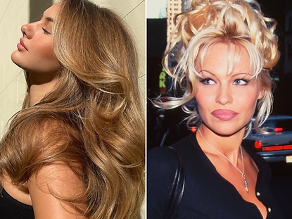 Two side-by-side images of women showing their hairstyles. on the left, a woman with long, wavy brown hair; on the right, a woman with voluminous, styled blonde hair.