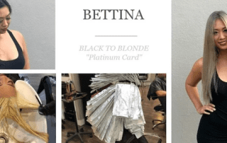 A collage depicting a woman's hair transformation from black to blonde titled "bettina - black to blonde 'platinum card'." the images show the process sequence from initial black hair to foils, ending with the final blonde look.