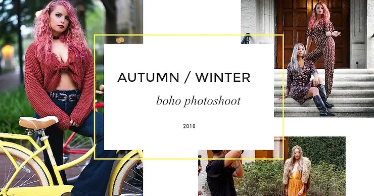 Collage of a bohemian fashion photoshoot titled "autumn / winter boho photoshoot 2018", featuring diverse women in stylish outfits posing outdoors and alongside a yellow bicycle.