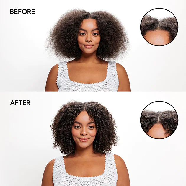 A woman with long, curly hair shown in a "before" photo with voluminous frizz and an "after" photo with defined curls. each photo has a close-up inset highlighting the hair texture. she wears a white tank top.