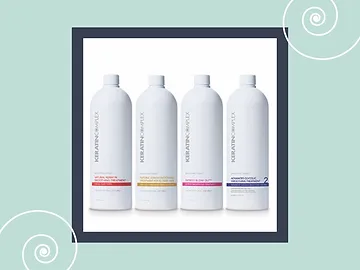 Four bottles of kérastase hair treatment products arranged in a row against a plain background, labeled for different hair types, framed by a pale blue border.