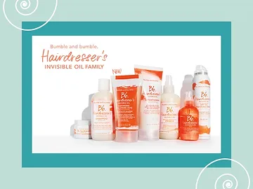 Promotional image featuring the bumble and bumble hairdresser's invisible oil product line, including various shampoos, conditioners, and styling products displayed against a light background.