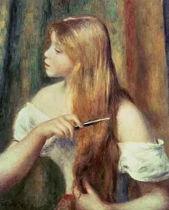 Painting of a woman with long, flowing red hair being combed. she wears an off-shoulder white blouse, gazing to the side, with a thoughtful expression. soft brush strokes evoke a gentle, dreamy ambiance.