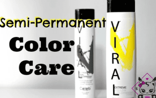 Two cans of vira semi-permanent color care hair dye products displayed on a grey surface with a plain background; one black and one yellow, both with brand logos.