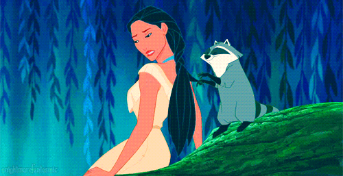 Animated image of pocahontas sitting on a log with meeko the raccoon standing behind her in a forest setting. pocahontas appears thoughtful while meeko looks playful.