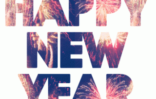 The words "happy new year" filled with colorful fireworks patterns in various hues of red, blue, and white.