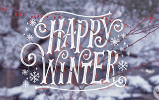 Animated image displaying ornate "happy winter" text with snowflakes, set against a softly focused snowy background with bare branches and red berries.