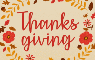 Illustration of a festive thanksgiving greeting with the word "thanksgiving" in elegant red script, encircled by a wreath of autumn leaves, acorns, pumpkins, and flowers on a cream background.