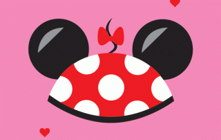 A stylized graphic of minnie mouse's iconic red hat with white polka dots and a bow, flanked by round black ears, against a pink background with small hearts.