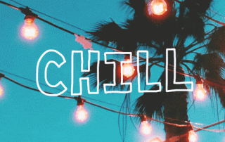 Animated gif featuring the word "chill" in bold white letters, centered over a tropical background with palm trees and string lights, conveying a relaxed and casual vibe.