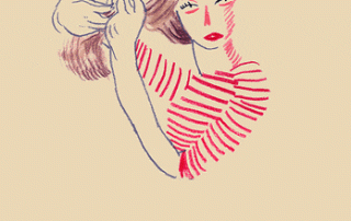 Illustration of a woman with red lipstick and striped shirt, holding her hair up. the drawing uses bold reds and subtle beige tones.