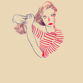 Illustration of a woman with red lipstick and striped shirt, holding her hair up. the drawing uses bold reds and subtle beige tones.