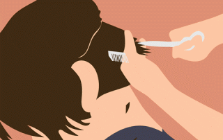 Illustration of a person having their bangs cut with scissors by another person's hand, set against a peach background. both individuals are simplistically drawn without detailed facial features.