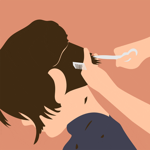 Illustration of a person having their bangs cut with scissors by another person's hand, set against a peach background. both individuals are simplistically drawn without detailed facial features.