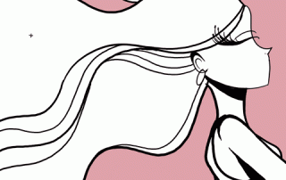 Illustration of a woman in profile with long flowing hair, wearing a tank top, against a pink background. the style is simple and monochromatic, emphasizing the movement of her hair.