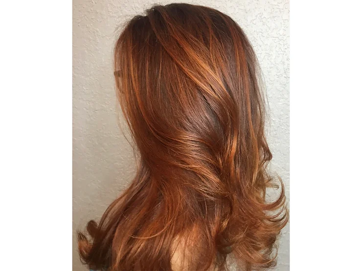 Long, wavy chestnut hair with vibrant copper highlights displayed against a neutral wall background.