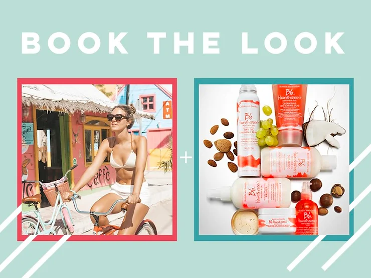 A promotional graphic titled "book the look" features two images: on the left, a woman on a bicycle in sunny, tropical setting; on the right, a display of beauty products with almonds and grapes.