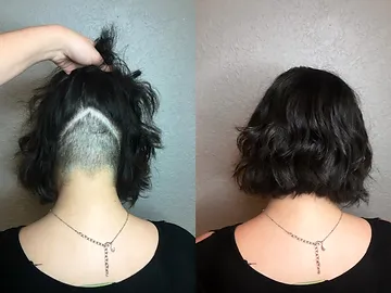 Before and after photos of a woman's nape undercut hairstyle. the left image shows a hand lifting hair to reveal a triangular undercut, and the right image shows the hair down, neatly styled.