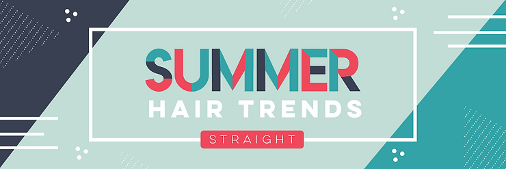 A stylish banner featuring the text "summer hair trends" in bold, colorful letters on a soft teal background with abstract geometric shapes and lines. a turquoise frame encloses the text.