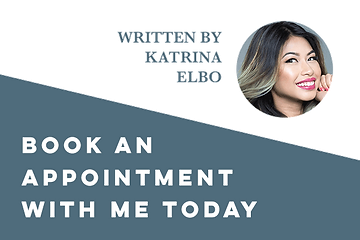 Image of an asian woman smiling, placed beside text "book an appointment with me today" in a stylish diagonal layout with white and turquoise background.