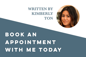 Promotional graphic featuring a smiling woman with the text "book an appointment with me today" and "written by kimberly toni" in stylized fonts.