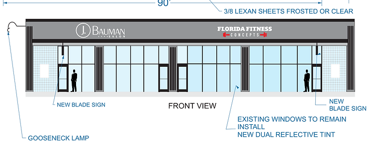 Illustration of the front view of a modern commercial building labeled "bauman innovation" with frosted or clear lexan sheets, new blade signs, gooseneck lamps, and new dual reflective tint on windows.