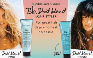 Promotional image for bumble and bumble hair products, featuring two women with tousled hair beside product tubes labeled "bb. don't blow it (fine)" and "(thick)". background is a sunny, beachy scene.