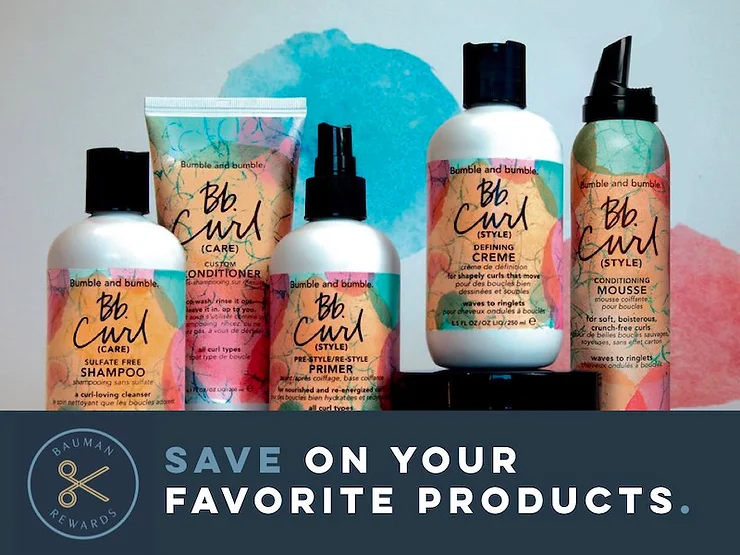 Six hair care products from bumble and bumble displayed against a colorful splattered background with the text "save on your favorite products.