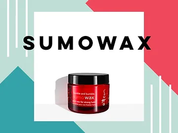 A product image of a container of sumowax by bumble and bumble, centered on a background with abstract geometric shapes in red, blue, and white.