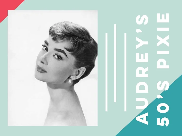 Graphic featuring a classic black and white portrait of a woman with a pixie haircut, elegant earrings, and subtle makeup, juxtaposed with bold text that reads "audrey's 50's pixie" on a split background of red and teal.