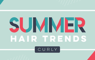 Colorful banner titled "summer hair trends" with a focus on "curly" hair styles, set against a vibrant abstract background with decorative elements.