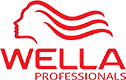 Logo of wella professionals featuring a stylized silhouette of a woman with flowing hair in red and pink stripes, alongside the brand name in bold red lettering.